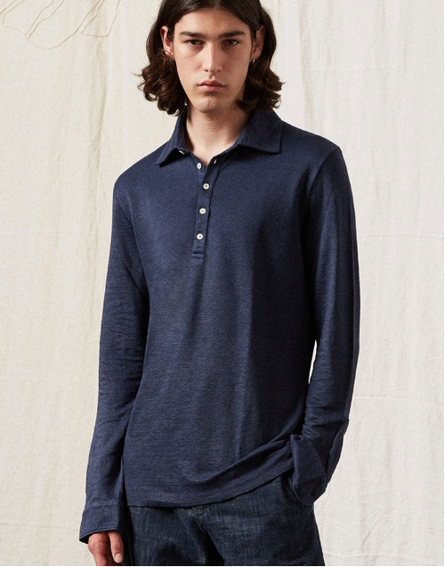 MASSIMO ALBA | Raya Linen Long Sleeve Polo Shirt | Navy Blue