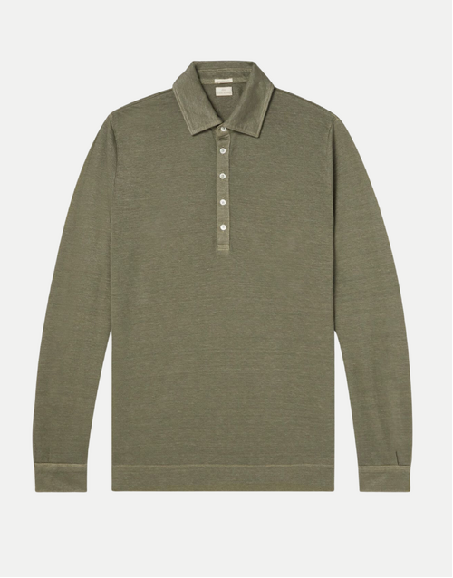 MASSIMO ALBA | Raya Linen Long Sleeve Polo Shirt | Green 