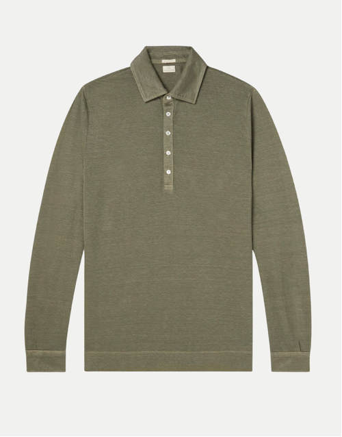MASSIMO ALBA | Raya Linen Long Sleeve Polo Shirt | Green 